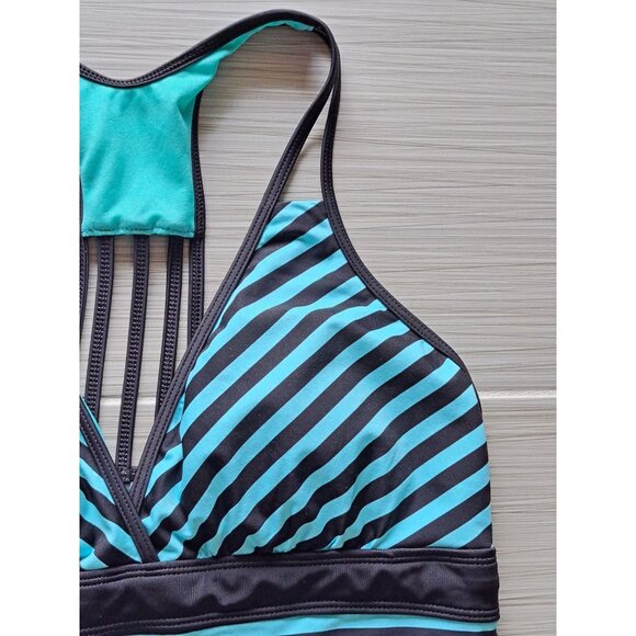 Title Nine Women's Size L Striped Turquoise  Black Tankini Swim Top Strappy Back - Picture 2 of 9
